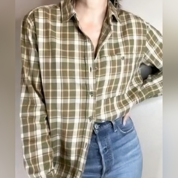 REI Co-Op Northwoods Button-up Shirt Tan Green Pink Sz Large Plaid 100% Cotton - Picture 11 of 11